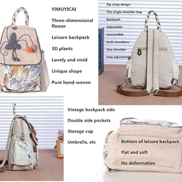 NEW! Cute Embroidered Canvas & Velour Backpack w/ 3D Floral Design & Conv. Strap